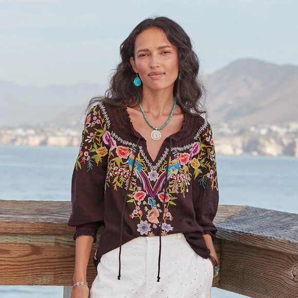 Sundance Amora Blooms Bird Floral Embroidered Boho Top Tassel Cotton Brown Sz.S - Picture 2 of 10